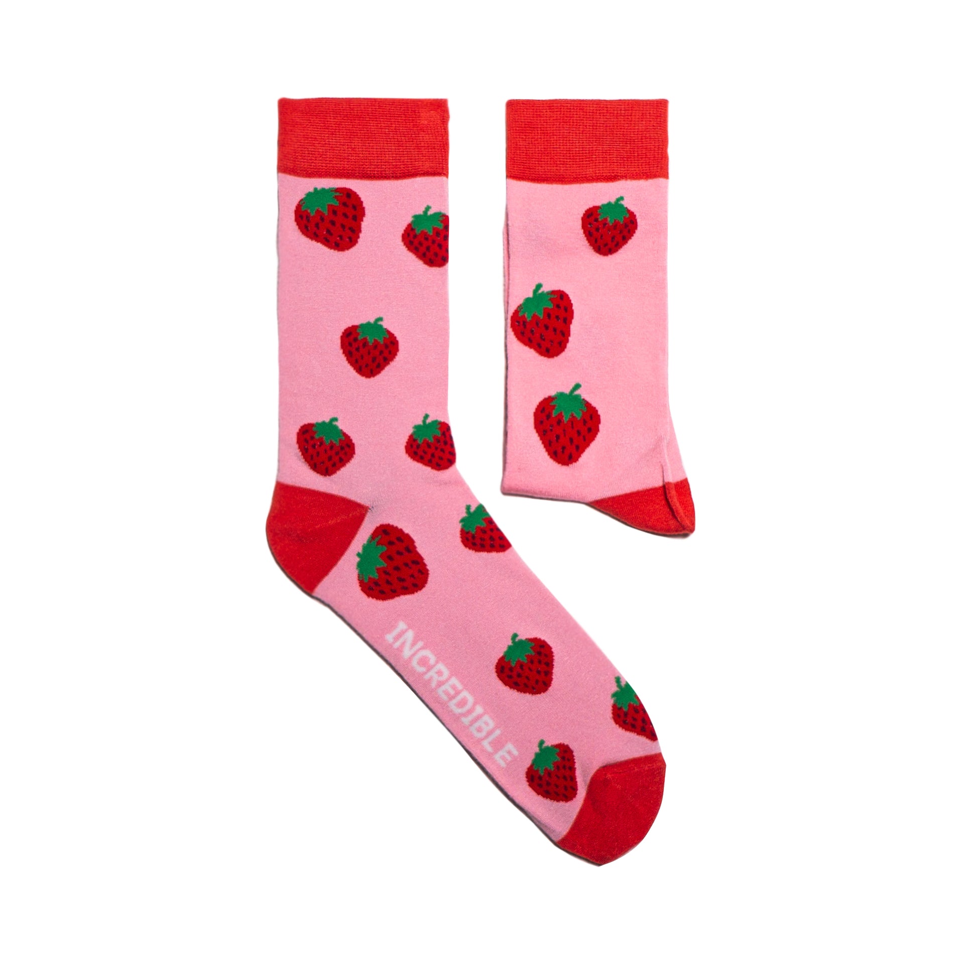 Strawberry Socks! Fruity. One in a series of five pairs of socks each representing your favorite fruits. Buy individually or as part of your 5-A DAY! Buy 4 in the collection and get your 5th fruity pair for FREE! Yum - strawberries. The 5-A-DAY collection consists of Banana-rama, Strawberry Surprise, Cherry On Top, Perfect Pineapples and Melon Deliciousness. Soft. Strong. Sustainable. Comfortable. Available in US Men’s 4-8 and 8-12