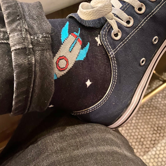 Space themed bamboo adult socks with rockets and stars