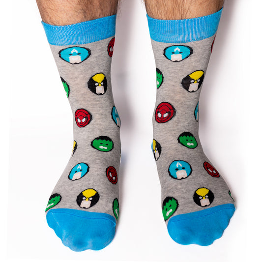 All superheroes wear Incredible Socks! All your favorite action heroes on one pair of feet. Is that SpiderMan, The Hulk, Captain America and Iron Man? Maybe. Maybe not. A collaboration with Andy Awesome, a Munich based 90's child who makes art out of the heroes of his childhood (and ours!) Soft. Strong. Sustainable. Comfortable.  Available in US Men’s 4-8 and 8-12. Spider Man. The Incredible Hulk, Iron Man. Captain America. Spiderman