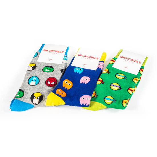 Three socks as part of a bundle featuring Pac Man, Superheroes and Teenage Mutant Ninja Turtles. Made from Bamboo.