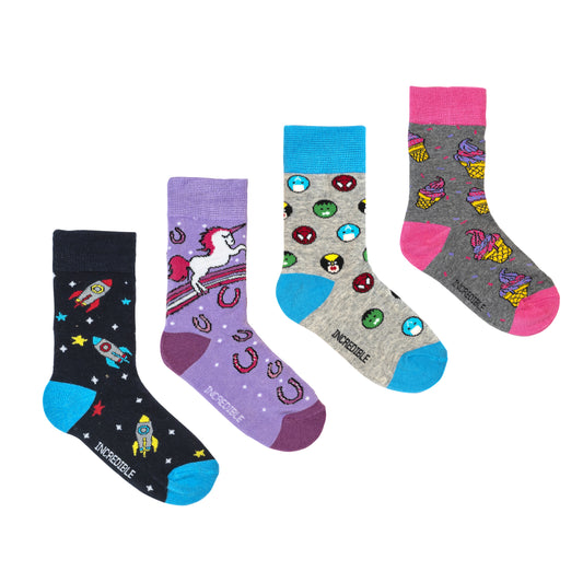bamboo kids socks with space ships, rockets, unicorns, ice cream, superheroes.