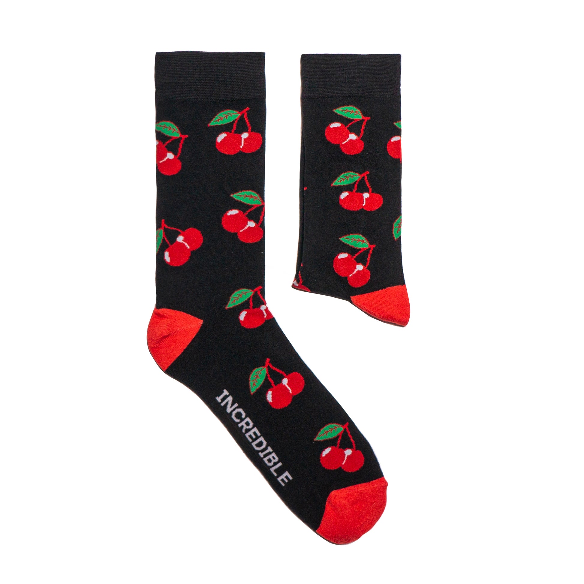 Cherry Socks! Fruity. One in a series of five pairs of socks each representing your favorite fruits. Buy individually or as part of your 5-A DAY! Buy 4 in the collection and get your 5th fruity pair for FREE! Who doesn't love cherries! The 5-A-DAY collection consists of Banana-rama, Strawberry Surprise, Cherry On Top, Perfect Pineapples and Melon Deliciousness.  Available in US Men’s 4-8 and 8-12. Soft. Strong. Sustainable. Comfortable. Incredible Socks.