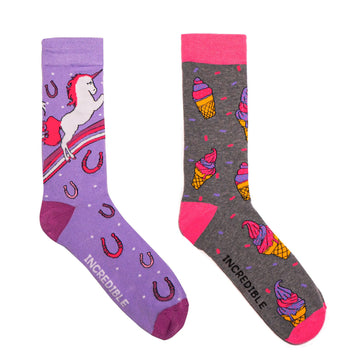 two bamboo socks with unicorns and ice cream